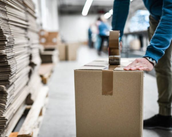 Male Worker Taping Cardboard Box